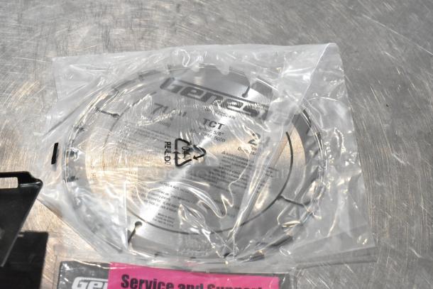 Genesis GCS130 Circular Saw, 7-1/4" blade, in original packaging. Visible 120V info, slight scratches, unused condition.