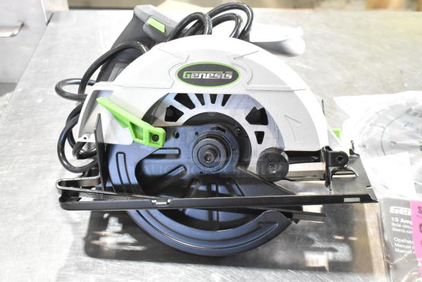 Brand new Genesis GCS130 circular saw, 13 A, 7-1/4" blade, 120V, with minor scratches. Includes original packaging and manual.