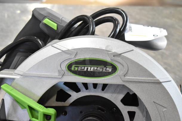 Genesis GCS130 Circular Saw, 13A, 7-1/4" blade, new scratch and dent, 120V, 1 phase, visible logo and cord.