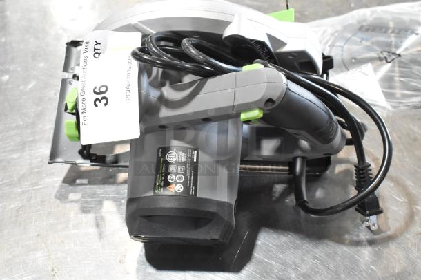 Brand new Genesis GCS130 circular saw, 13A, 7-1/4" blade, 120V, with visible labels and slight scratches; auction tag attached.