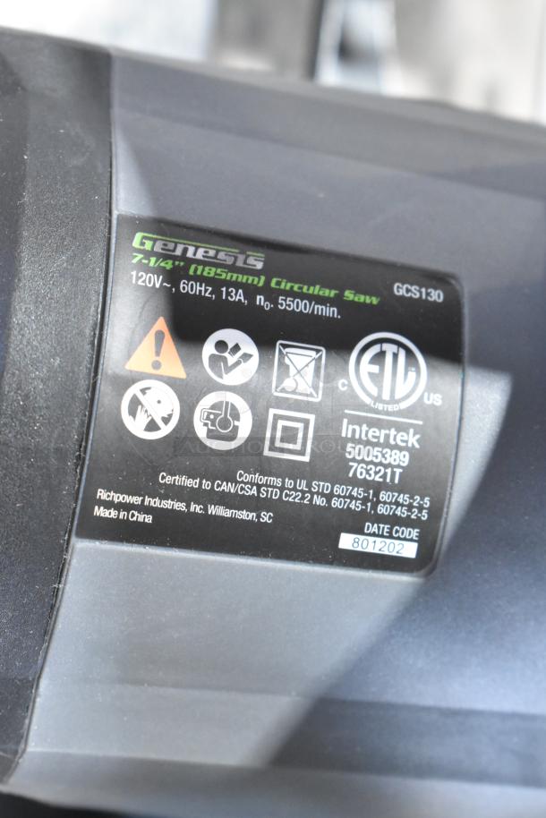 Genesis GCS130 circular saw, 13A, 7-1/4" blade, brand new scratch and dent condition. ETL listed, 120V, 5500 RPM.