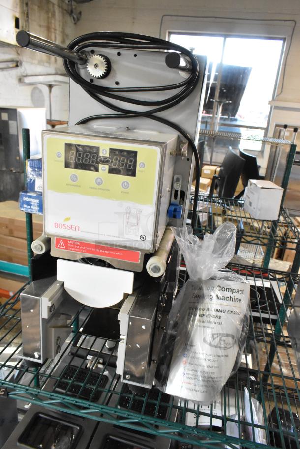 Brand new Bossen ET-99SU metal countertop cup sealing machine, 2025 model, 110/120 volts, 1 phase, with minor scratches.