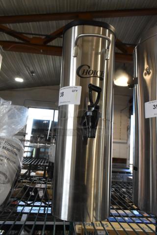 Brand new Choice 407ITD3GS 3-gallon stainless steel iced tea dispenser, scratch and dent condition, with tap and branding.