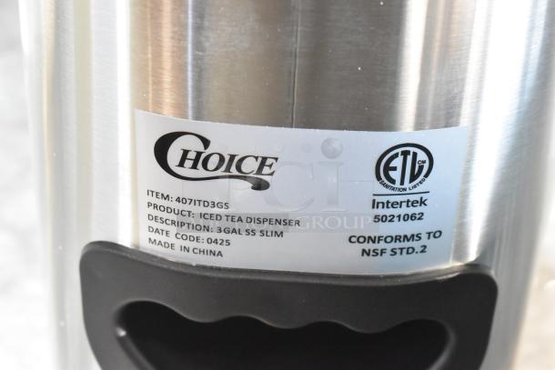 BRAND NEW SCRATCH AND DENT! 2025 Choice 407ITD3GS Stainless Steel 3 Gallon Iced Tea Dispenser, ETL certified, made in China.
