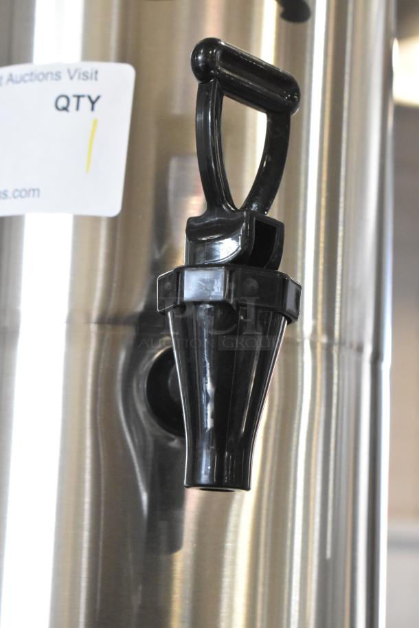 Brand new 2025 Choice 407ITD3GS stainless steel 3-gallon iced tea dispenser, slim design; minor scratches, visible spigot.