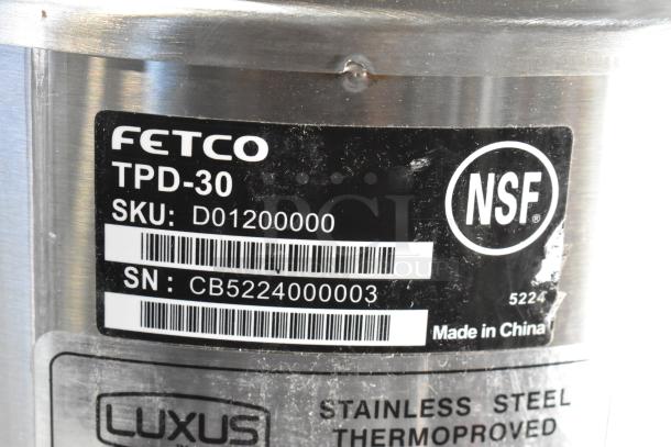 BRAND NEW Fetco TPD-30 Luxus 3 Gallon Coffee Dispenser with minor scratches. Stainless steel, NSF certified, SKU: D01200000.