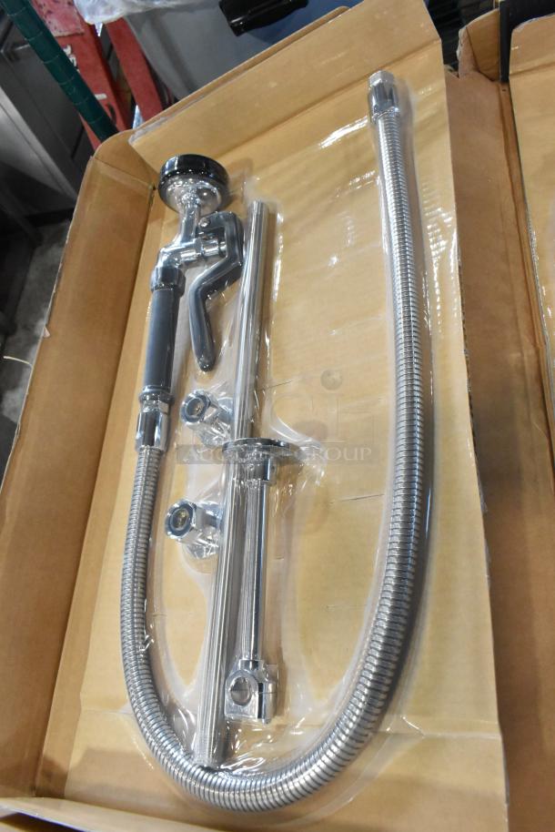 Brand new Regency 600PRW814 pre-rinse faucet, 1.15 GPM, wall-mounted, 8" centers, 14" add-on. Scratch and dent condition.