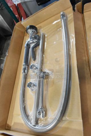 Brand new Regency 600PRW814 pre-rinse faucet, 1.15 GPM, wall-mounted, 8" centers, 14" add-on. Scratch and dent condition.