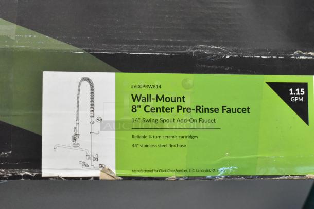 BRAND NEW 600PRW814 Regency 1.15 GPM wall-mounted pre-rinse faucet with 8" centers, 14" add-on faucet. Scratch and dent condition.