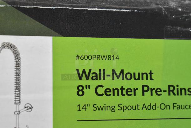 BRAND NEW SCRATCH AND DENT Regency wall-mounted pre-rinse faucet, model 600PRW814, 1.15 GPM, 8" centers, 14" add-on faucet.