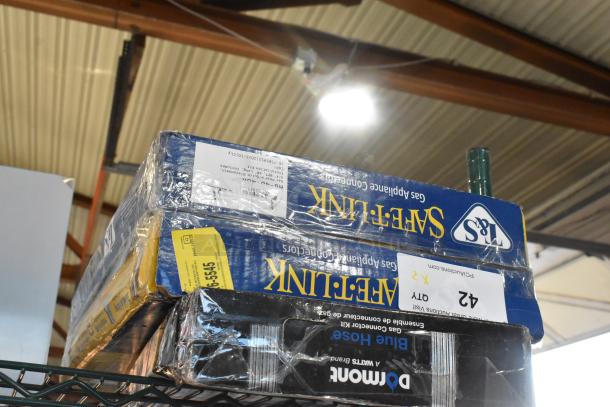 2 new T&S Safe-T-Link 48" yellow coated steel gas appliance connector hoses in packaging, includes FreeSpin fitting.