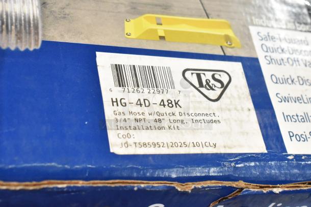 T&S HG-4D-48K Quick Disconnect 48" Gas Hose, yellow coated, new in box; includes FreeSpin fitting and installation kit, 3/4" NPT.