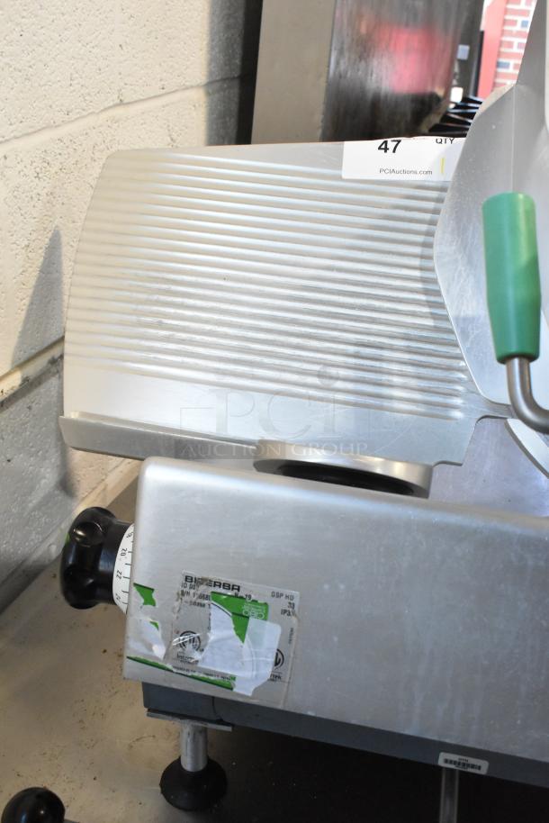 Bizerba GSP HD metal commercial countertop meat slicer, 120V, 1 phase, with labels indicating model and electrical specifications.