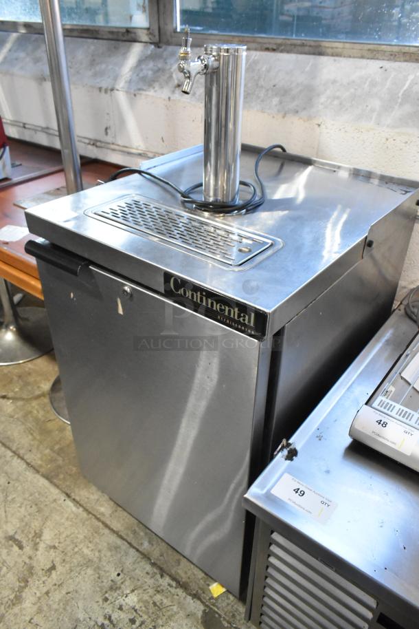 Continental stainless steel kegerator with beer tower, commercial casters, locked door, 115V, 1 phase, visible Continental label.