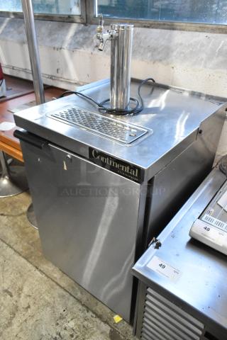 Continental stainless steel kegerator with beer tower, commercial casters, locked door, 115V, 1 phase, visible Continental label.