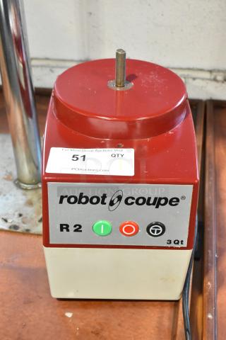 Robot Coupe R2N food processor base, 120 volts, 1 phase, used condition. Features power and control buttons. Model R2N.