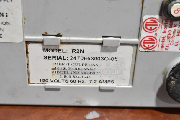 Robot Coupe R2N food processor base, 120 volts, 1 phase, shows model and serial labels with ETL listing.