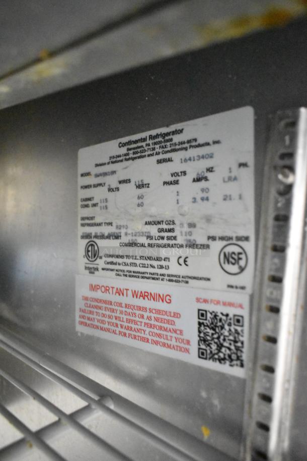 2024 Continental SW48N18M stainless steel sandwich salad prep table, NSF certified, detailed label with power specs visible.