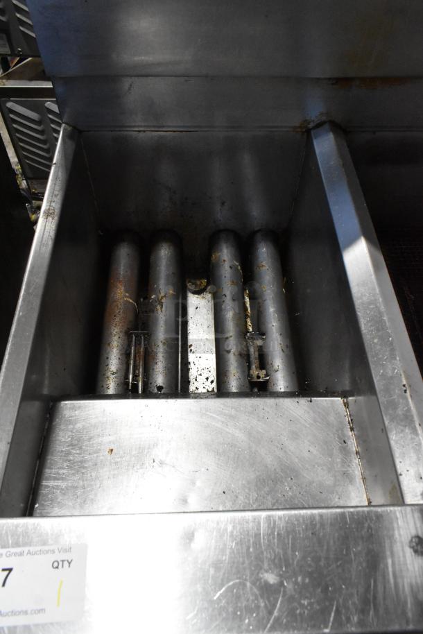 2019 Frymaster SCFSM250GN stainless steel 2-bay deep fat fryer, natural gas, 120,000 BTU, on commercial casters. Used condition.