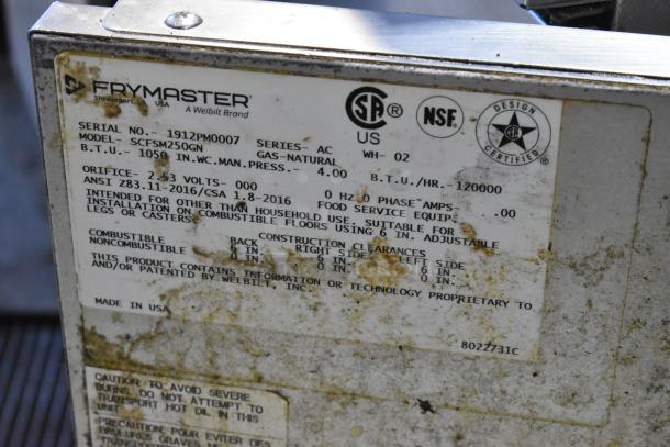 2019 Frymaster SCFSM250GN stainless steel commercial fryer label, showcasing model details and 120,000 BTU rating.