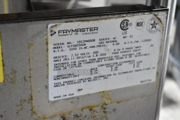 2019 Frymaster SCFSM250GN stainless steel 2-bay floor fryer, natural gas, 120,000 BTU, features label with specs.