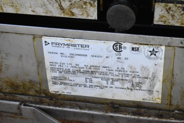 2019 Frymaster SCFSM250GN 2 Bay Fryer, stainless steel, natural gas, 120,000 BTU, on commercial casters. Serial label visible.
