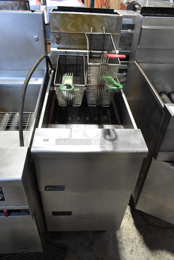 2018 Pitco Frialator SG14 stainless steel natural gas fryer with 3 baskets, on commercial casters, 110,000 BTU, used condition.