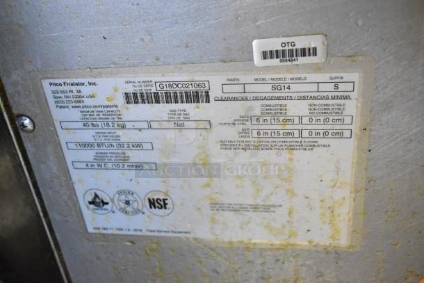 2018 Pitco Frialator SG14 fryer label showing 110,000 BTU capacity, natural gas type, with serial number G18DC021063.