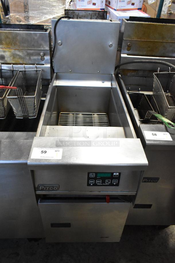 Pitco Frialator SSPG14 stainless steel pasta cooker, 60,000 BTU, on casters, natural gas, used condition, control panel visible.