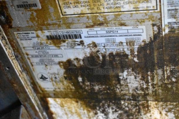 Pitco Frialator SSPG14 stainless steel natural gas pasta cooker, 60,000 BTU, on casters. Visible model label with wear.