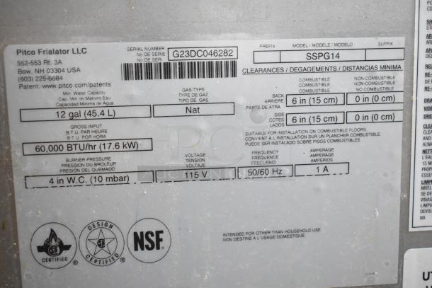 Pitco Frialator SSPG14 Pasta Cooker label detailing natural gas use, 60,000 BTU, 12 gal capacity, and 115V power requirements.