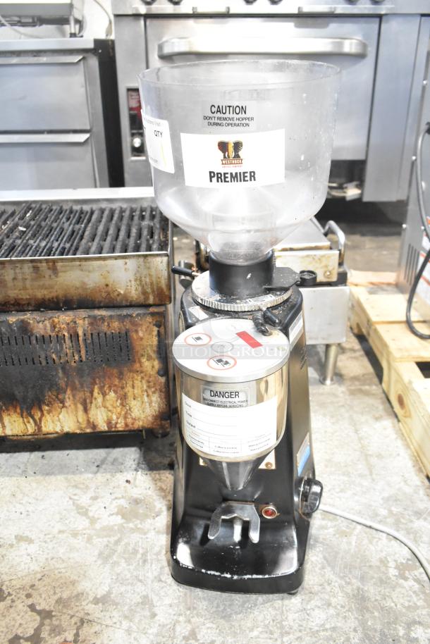 Mazzer Luigi Major Electronic espresso bean grinder, countertop model, metal, 120V, with caution labels, used condition.