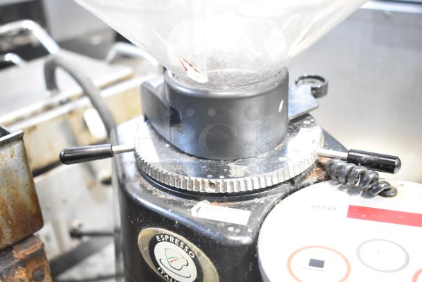 Mazzer Luigi Major Electronic espresso bean grinder, metal, 120V, used condition, with control panel and adjustment knobs visible.