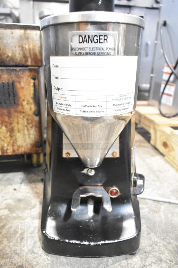 Mazzer Luigi Major Electronic espresso bean grinder, metal finish, 120V, 1 Phase, commercial countertop model. Warning label visible.