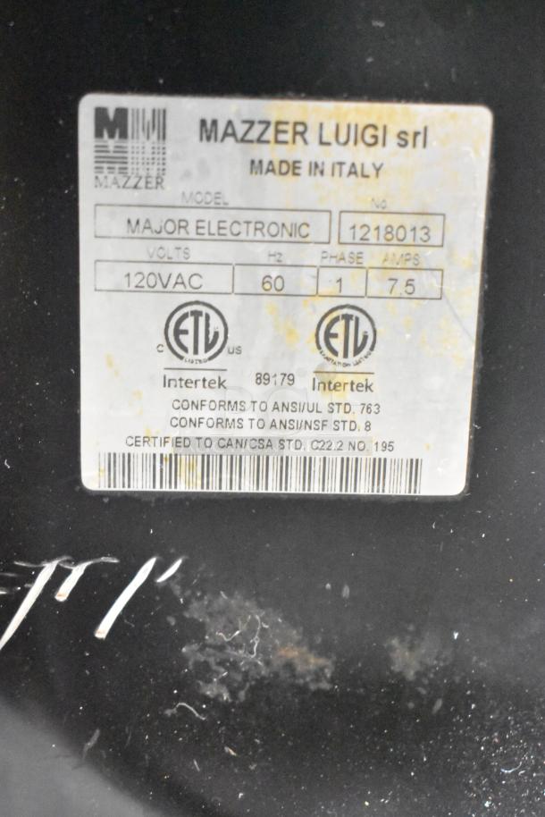 Mazzer Luigi Major Electronic espresso grinder label displaying model, voltage, certifications, and maker info. Made in Italy.