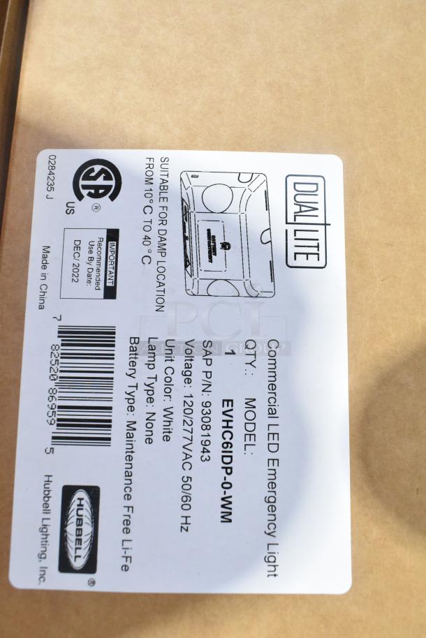 Label on a box of Dual Lite LED Emergency Light, model EVHC6IDP-0-WM. Suitable for damp locations, 120/277VAC.
