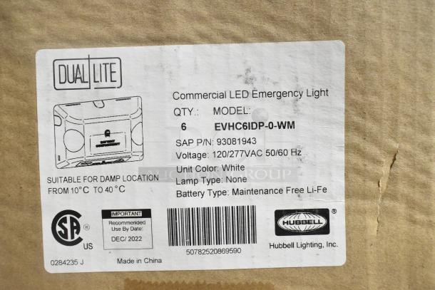 6 new boxes, Dual Lite LED emergency lights, Model EVHC6IDP-0-WM, suitable for damp locations, 120/277VAC, white unit.