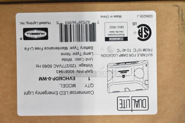 6 new boxes including General Electric GE H5SM light and Dual Lite LED emergency light. Labels show product details.