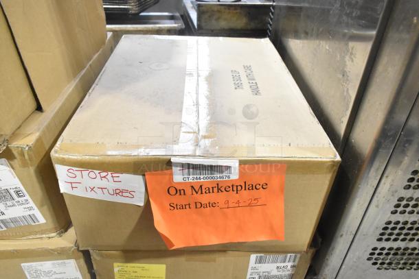 Six sealed boxes with labels "STORE FIXTURES" and "On Marketplace Start Date: 9-4-25," each containing General Electric GE H5SM Light and Dual Lite LED Emergency Light.