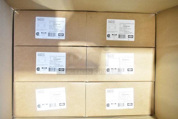 Six brand new Dual Lite LED emergency lights in boxes, model EVHC6I-D-WM, voltage 120/277VAC, made by Hubbell Lighting.