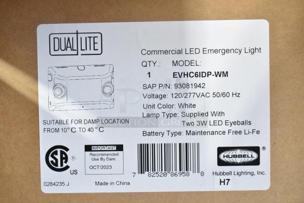 Box label for Dual Lite LED Emergency Light, Model EVHC6IDP-WM. White, 120/277VAC, with two 3W LED Eyeballs. Suitable for damp locations.