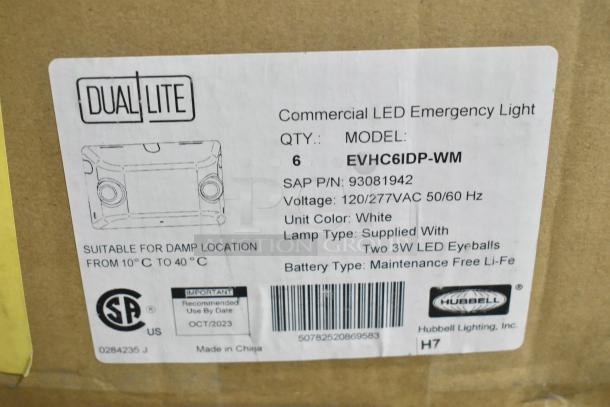 6 new Dual Lite EVHC6IDP-WM commercial LED emergency lights. Suitable for damp locations, white, includes 2x3W LED.