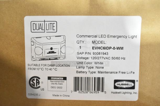 Dual Lite EVHC6IDP-0-WM LED Emergency Light, white, suitable for damp locations, Li-Fe battery, made by Hubbell Lighting.