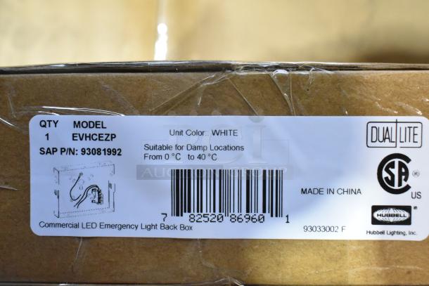 12 new Dual Lite EVHCEZP emergency light back boxes, white, for damp locations 0°C to 40°C, model 93081992.