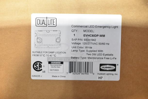 12 new Dual Lite EVHC6IDP-WM LED emergency lights, model EVHCEZP, suitable for damp locations, maintenance-free Li-Fe battery.
