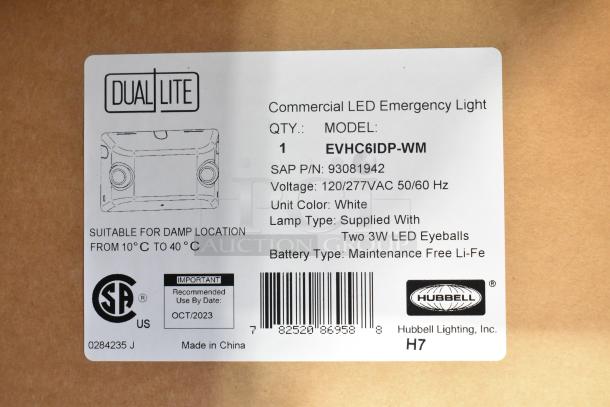12 brand new Dual Lite EVHCEZP emergency light boxes with LED features, model EVHC6IDP-WM, suitable for damp locations.