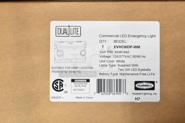 Box label of Dual Lite LED Emergency Light, model EVHC6IDP-WM. Features 3W LED, Li-Fe battery, suitable for damp locations.