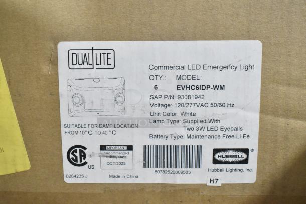 Dual Lite EVHC6IDP-WM Emergency Light, white, LED, 120/277VAC, for damp locations, new in box, maintenance-free Li-Fe battery.