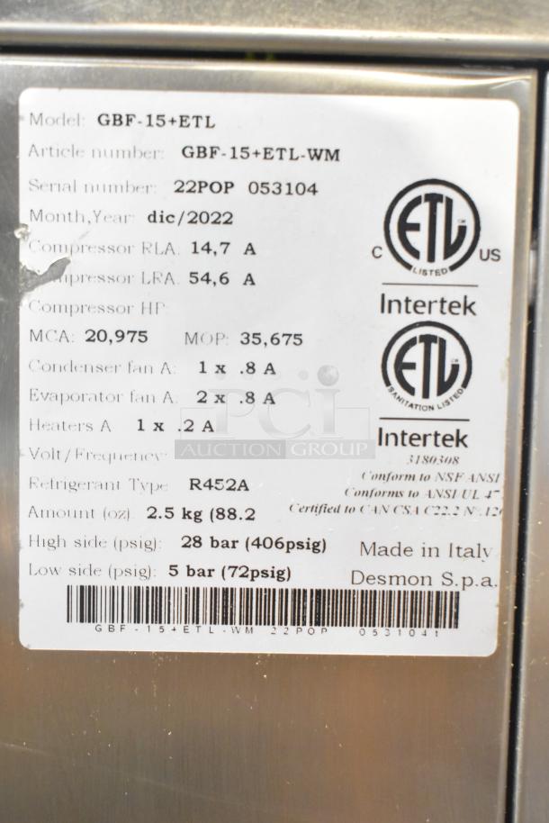 Desmon GBF-15+ETL stainless steel blast chiller, 2022, commercial-grade, ETL-listed, with 4 probes. 220V, 3 Phase. Made in Italy.