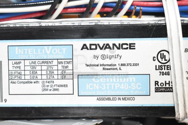Lot of various ballasts, featuring Advance Centium ICN-3TTP40-SC, IntelliVolt 120V-277V, compatible with FT40, UL listed.